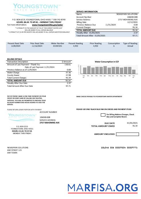 Blank USA Youngstown Water Department business utility bill template in Word and PDF formats